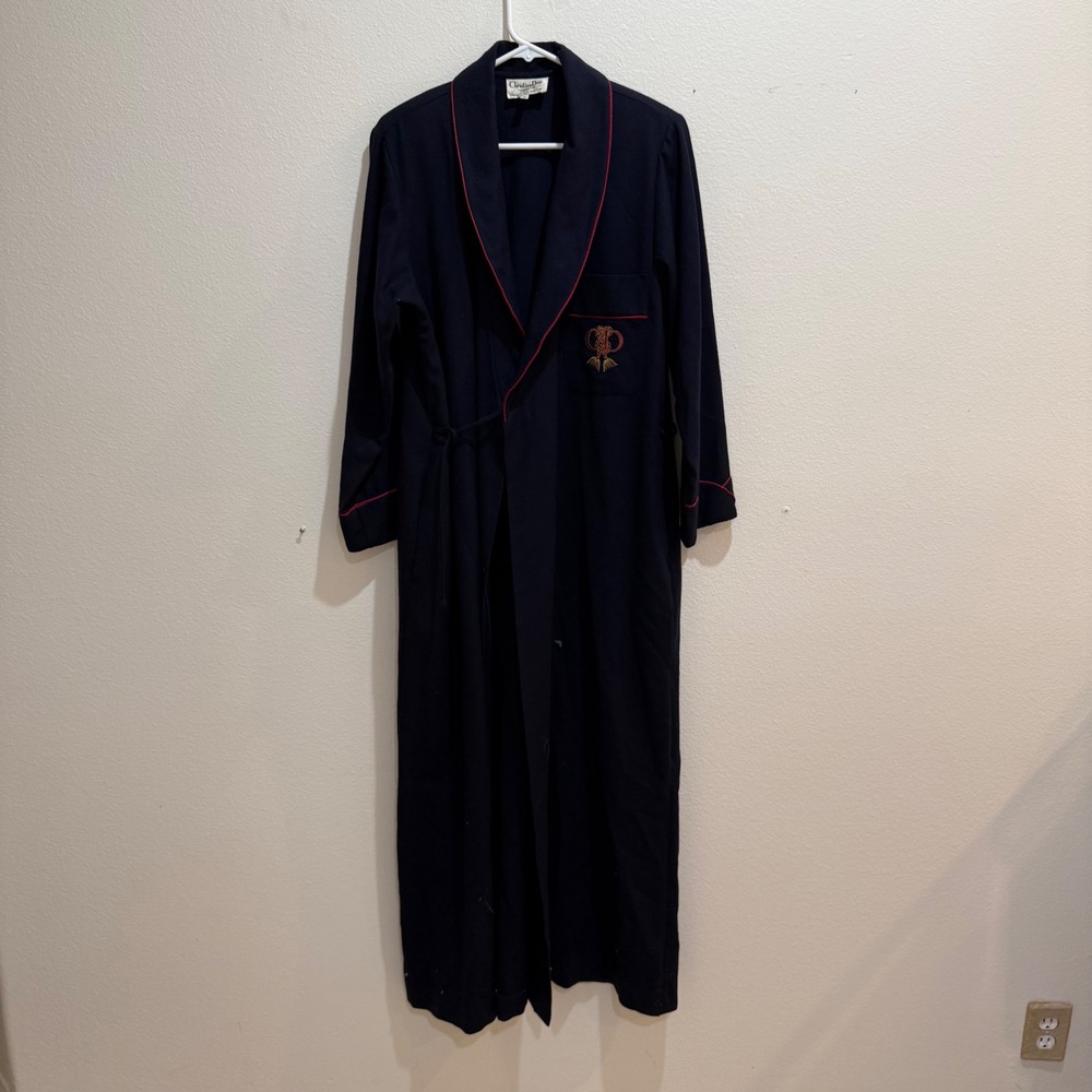 Vintage Christian Dior Loungewear Navy Blue Red Piping Crest Robe Mens Small